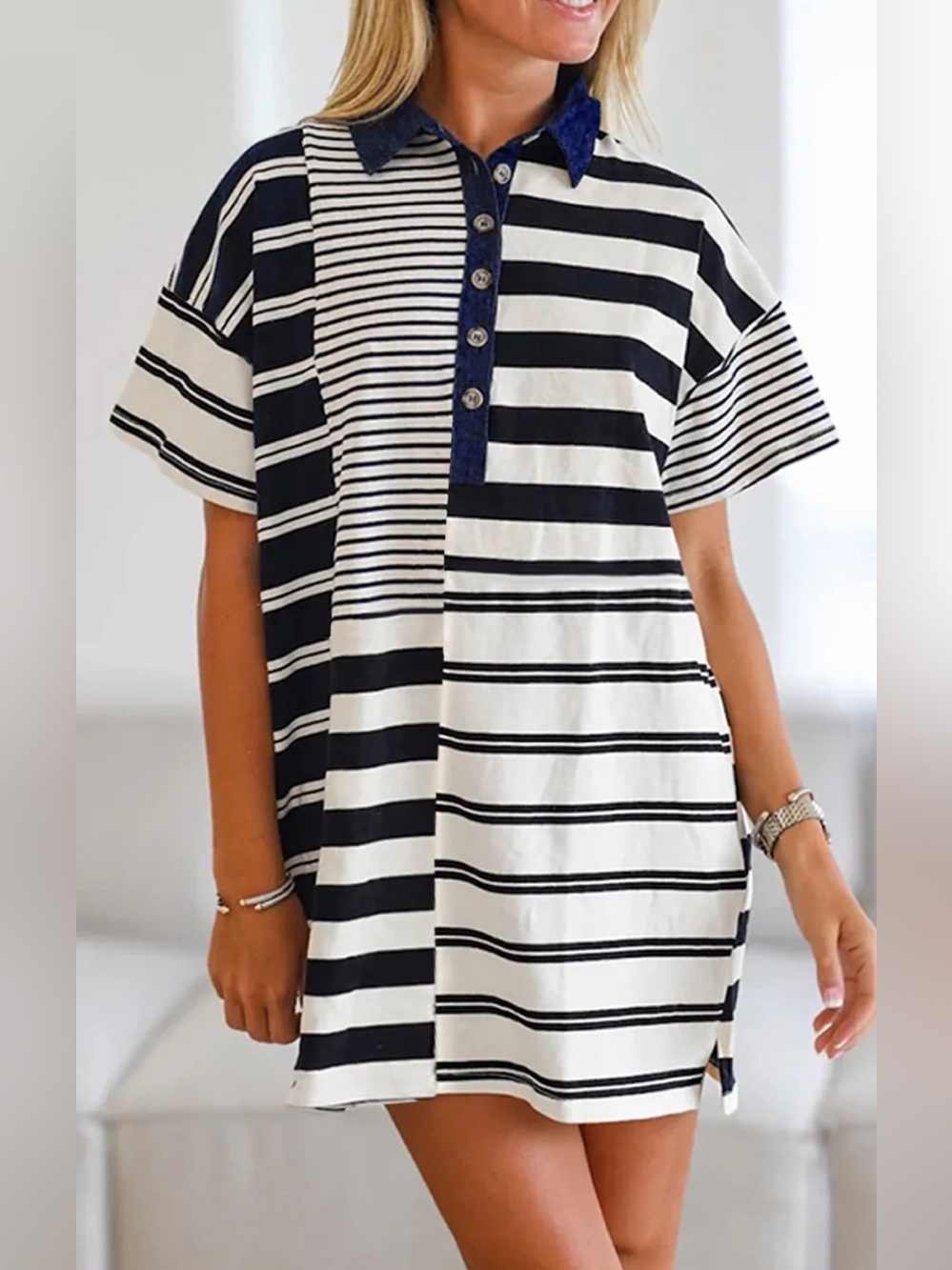 Sky to Moon dark navy Stripe Half Placket Polo T-Shirt Dress size Small